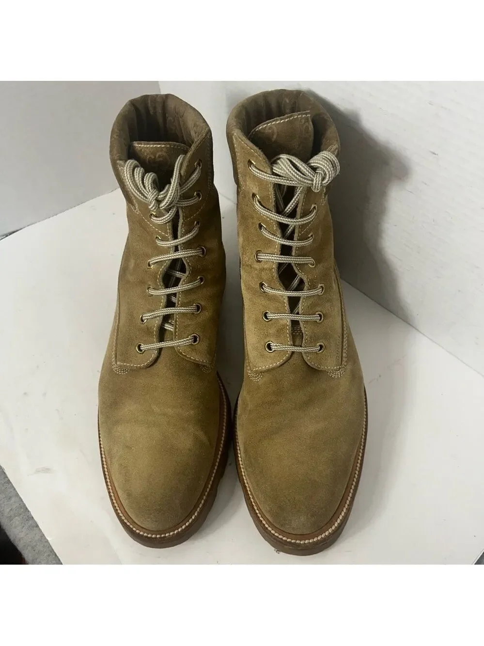 GUCCI Men’s Leather Suede Timberland Style Boots Logo Beige Lace Up 9.5D